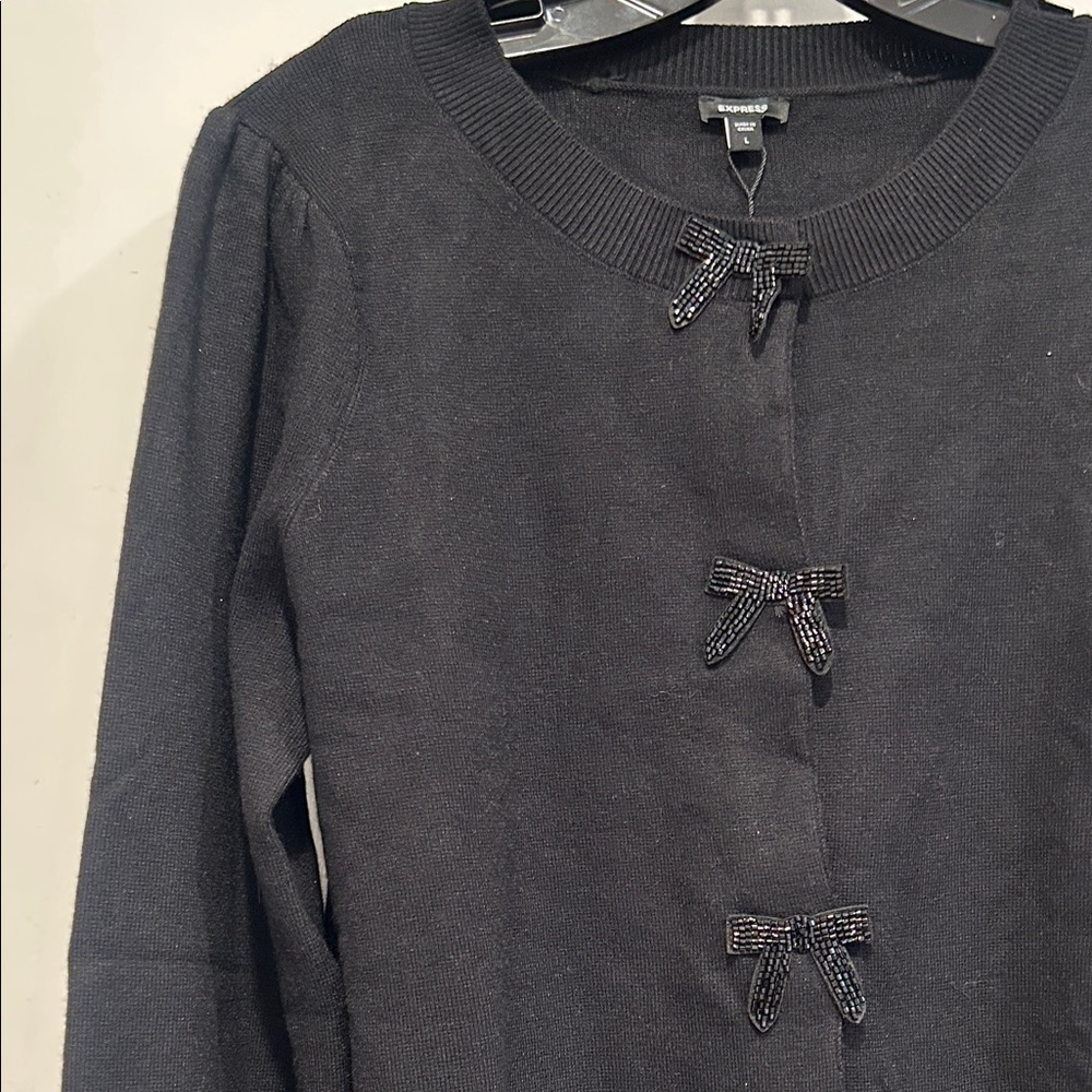 Express Modern Gothic Black Cardigan with Bow Appliqué Snap Front large women’s